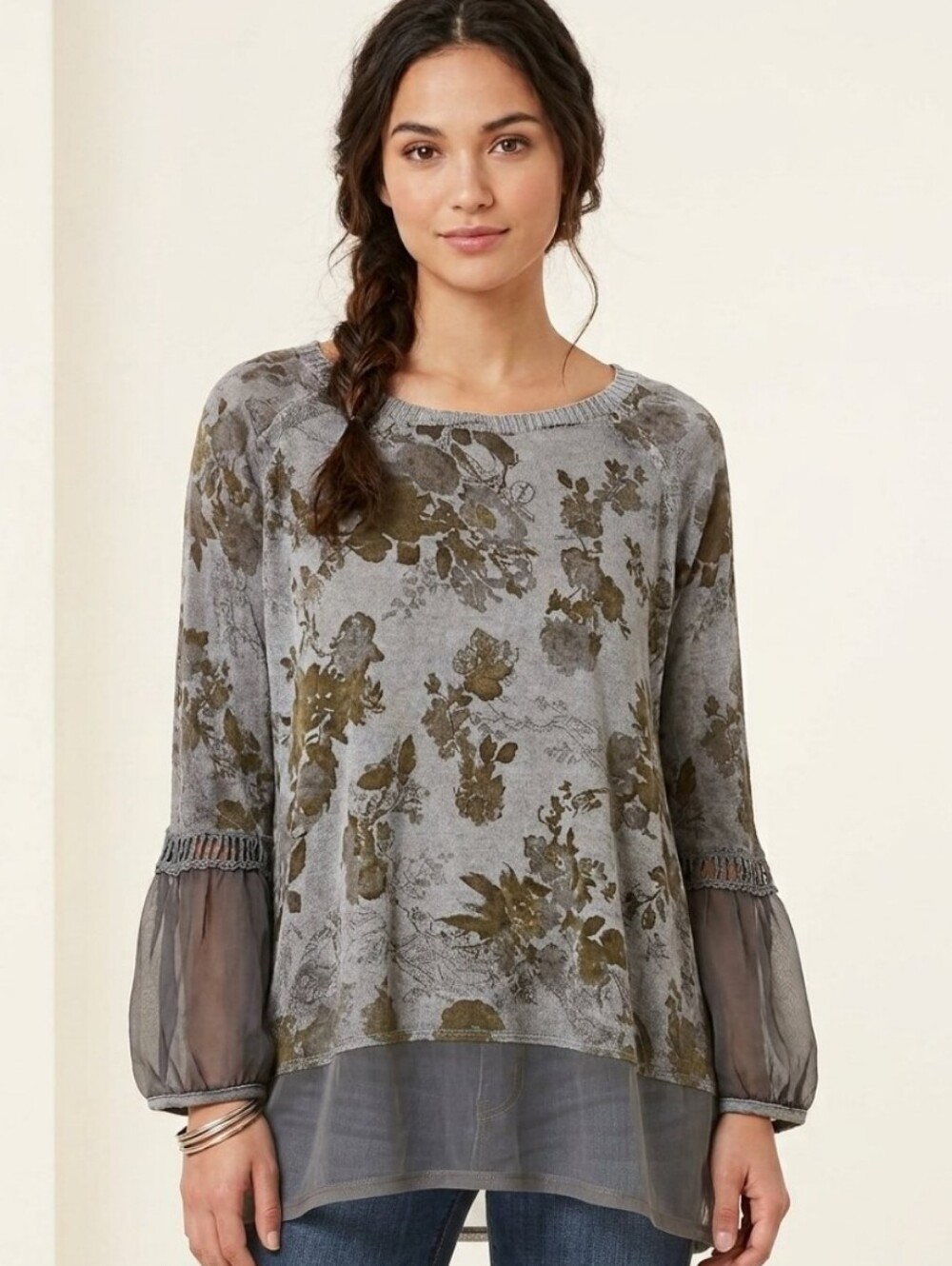 Made in Italy Floral Silk Blend Knit Tunic Top Layered Lagenlook Gray